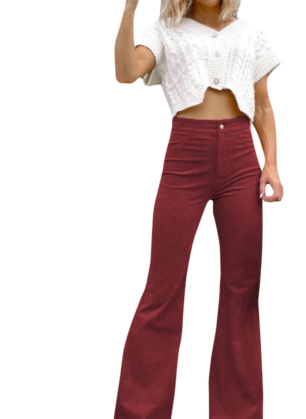 Solid Color Mid-waist Slim-fit Micro Flared Pants
