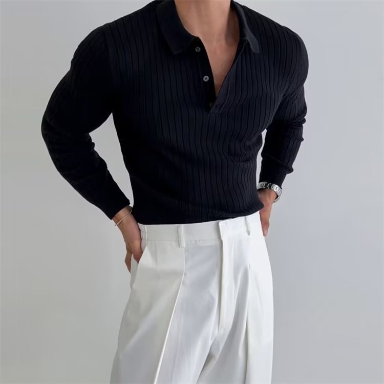 Lapel Button Long Sleeve Polo Shirt Slim