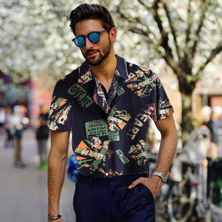 Vintage Letter Print Turn-down Collar Shirts