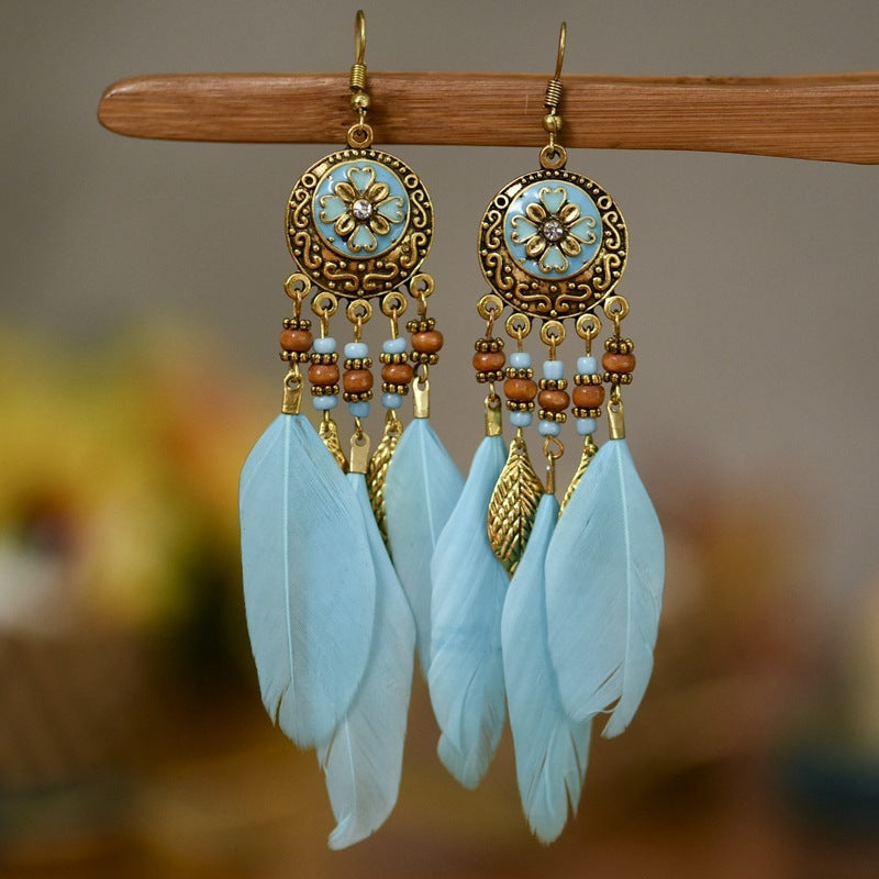 Ethnic Style Retro Earrings Bohemian Vacation Style Antique Alloy Carved Feather Tassel Earrings