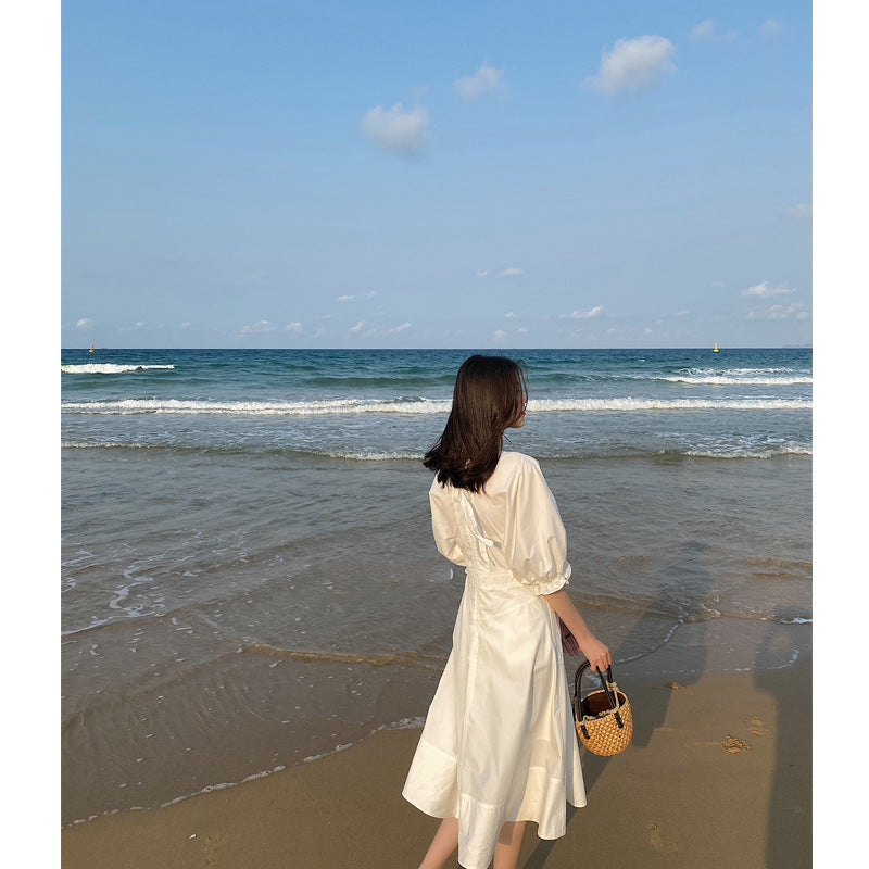 Dress Women Summer V-neck Puff Sleeve