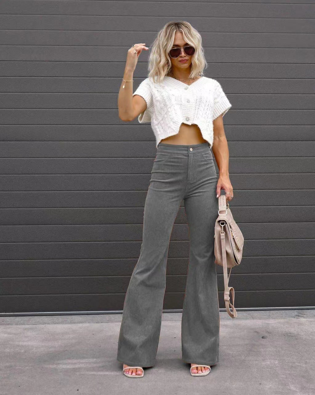 Solid Color Mid-waist Slim-fit Micro Flared Pants