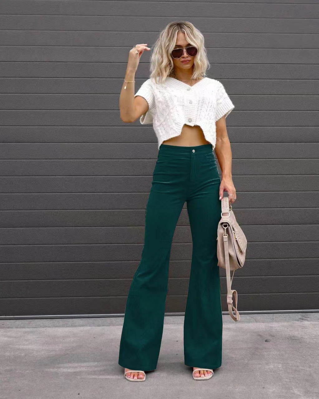 Solid Color Mid-waist Slim-fit Micro Flared Pants