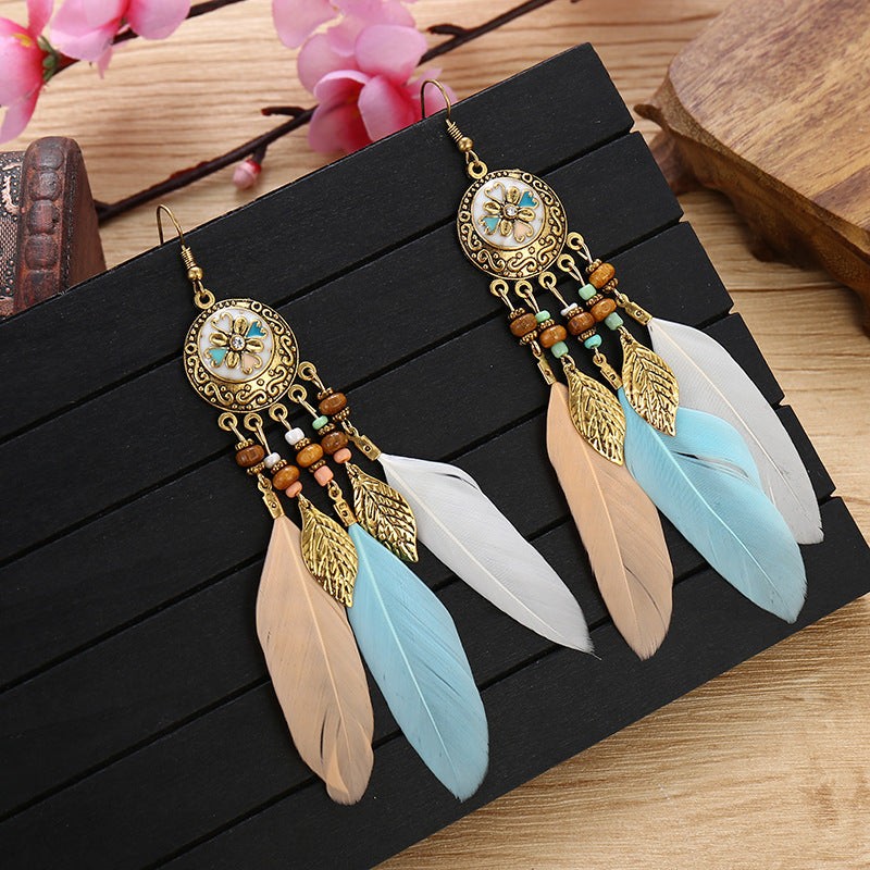 Ethnic Style Retro Earrings Bohemian Vacation Style Antique Alloy Carved Feather Tassel Earrings