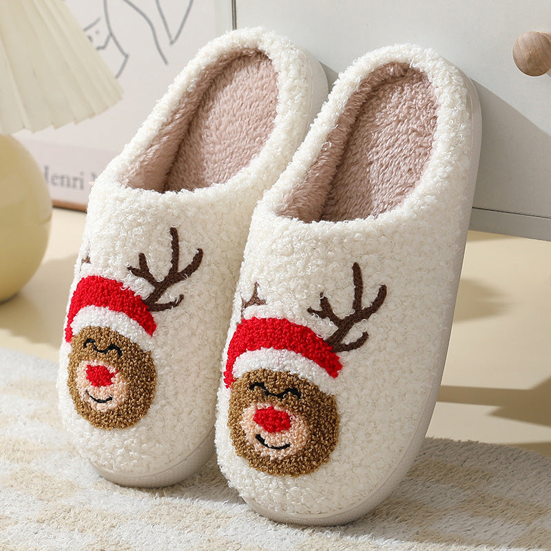 Suede Slippers Cute Cartoon Santa Claus Cotton Slippers For Women And Men Couples Winter Warm Furry Shoes