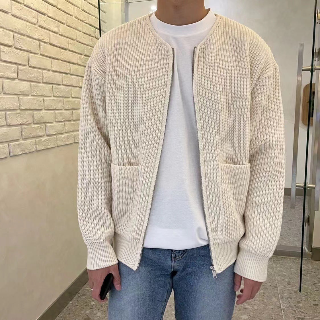 Men Zip Up Knitted Cardigan Lined