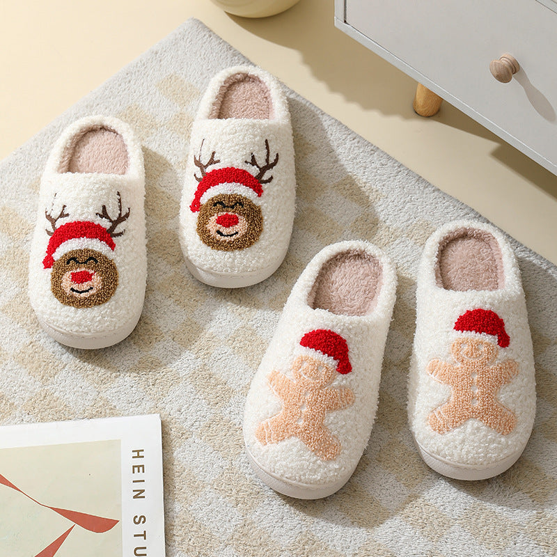 Suede Slippers Cute Cartoon Santa Claus Cotton Slippers For Women And Men Couples Winter Warm Furry Shoes