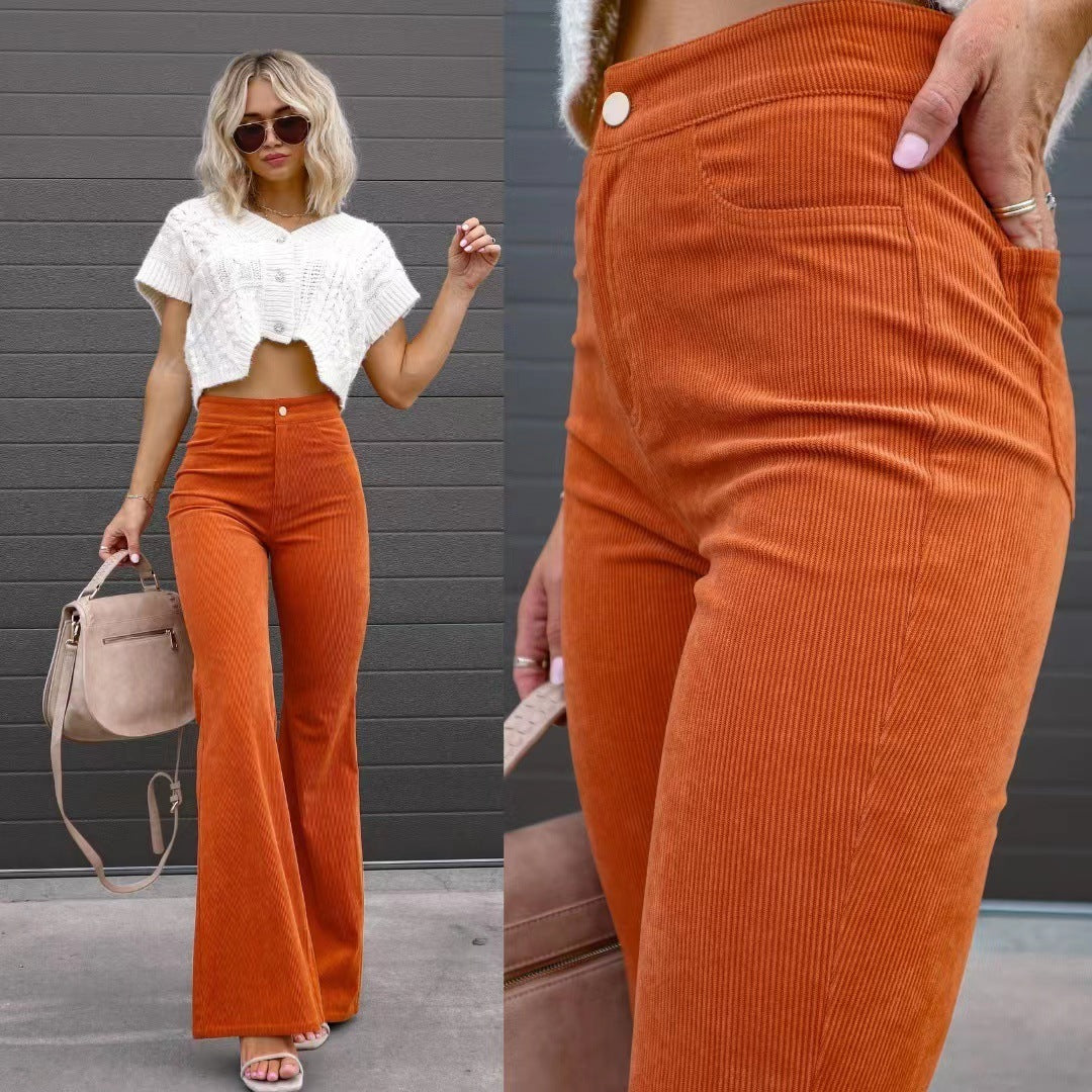 Solid Color Mid-waist Slim-fit Micro Flared Pants