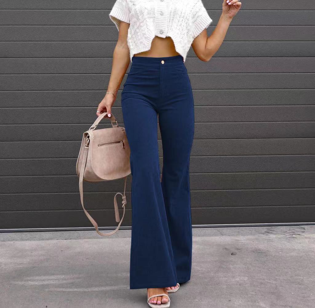 Solid Color Mid-waist Slim-fit Micro Flared Pants