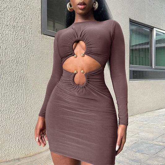 Metal Buckle Long Sleeve Short Dress