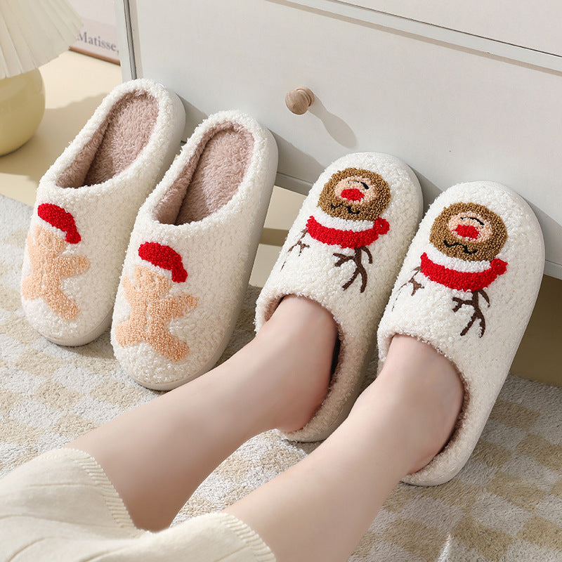 Suede Slippers Cute Cartoon Santa Claus Cotton Slippers For Women And Men Couples Winter Warm Furry Shoes
