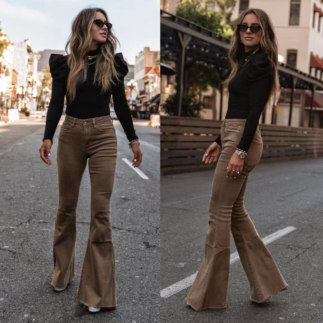 Solid Color Mid-waist Slim-fit Micro Flared Pants