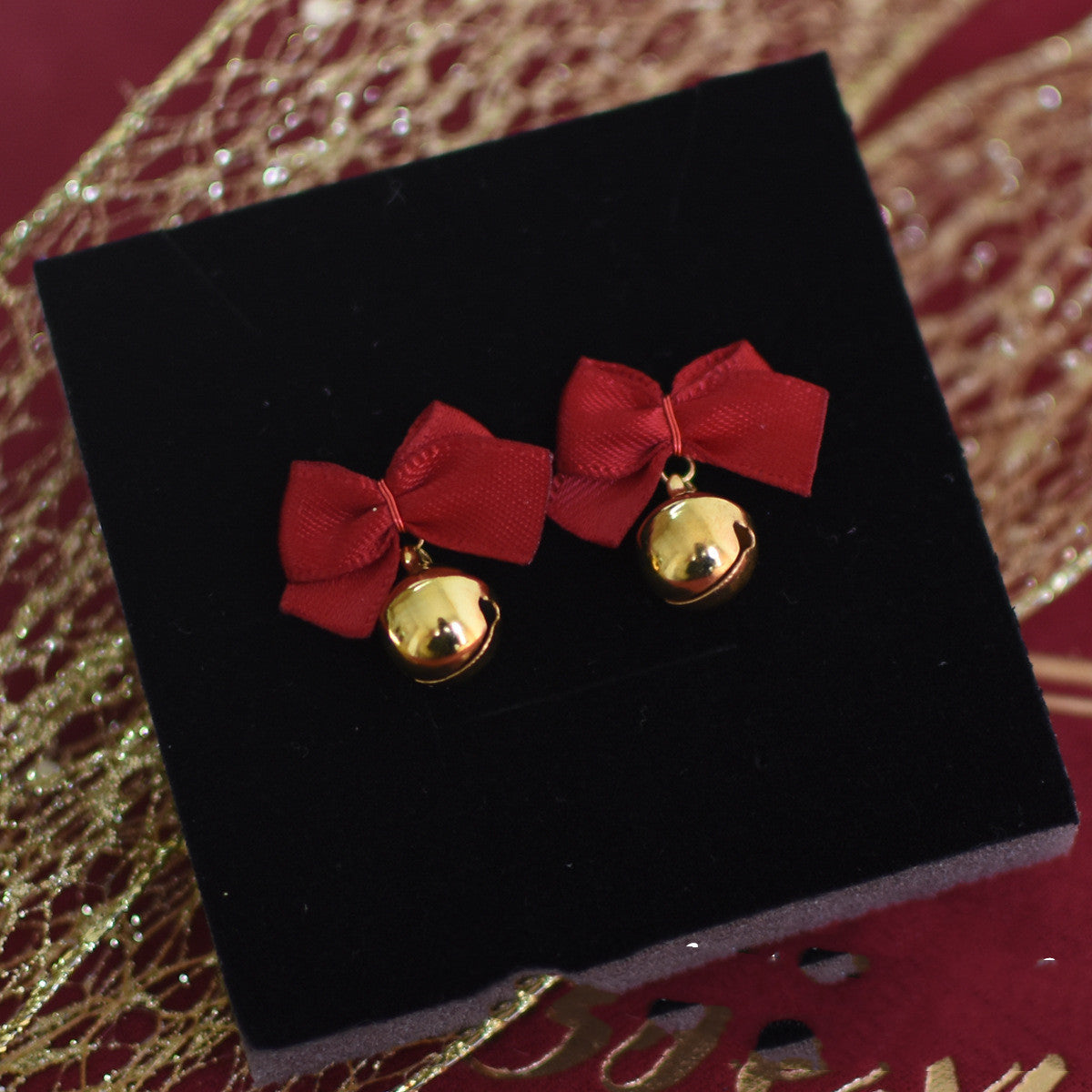 New Year Red Bow Bells Earrings Ear Clips Christmas