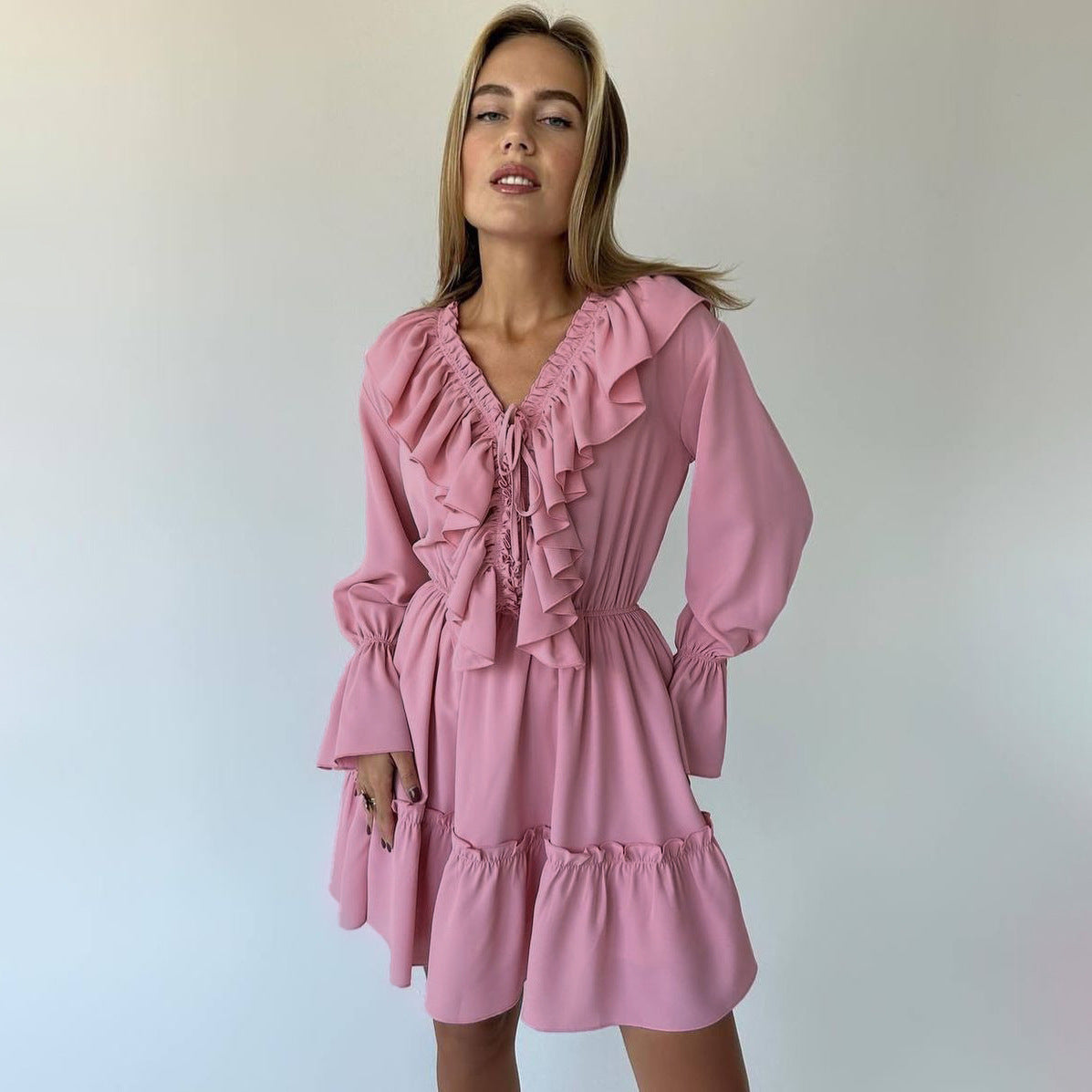 V Neck Flared Sleeve Short Dress