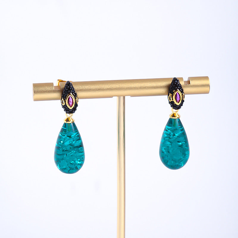 Green Water Drop Design Full Of Diamond Earrings
