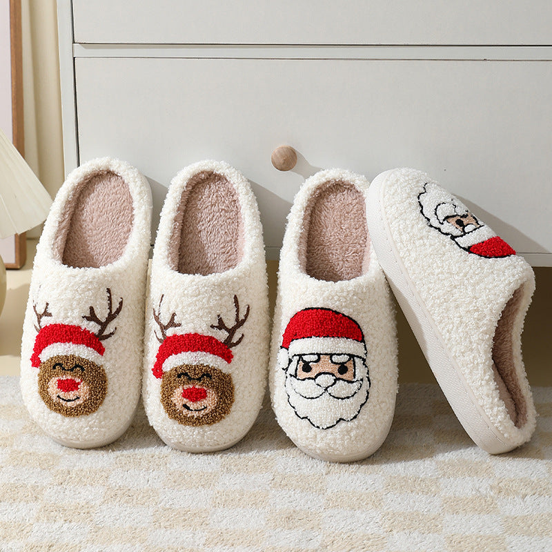 Suede Slippers Cute Cartoon Santa Claus Cotton Slippers For Women And Men Couples Winter Warm Furry Shoes