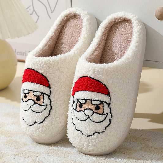 Suede Slippers Cute Cartoon Santa Claus Cotton Slippers For Women And Men Couples Winter Warm Furry Shoes
