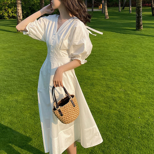 Dress Women Summer V-neck Puff Sleeve