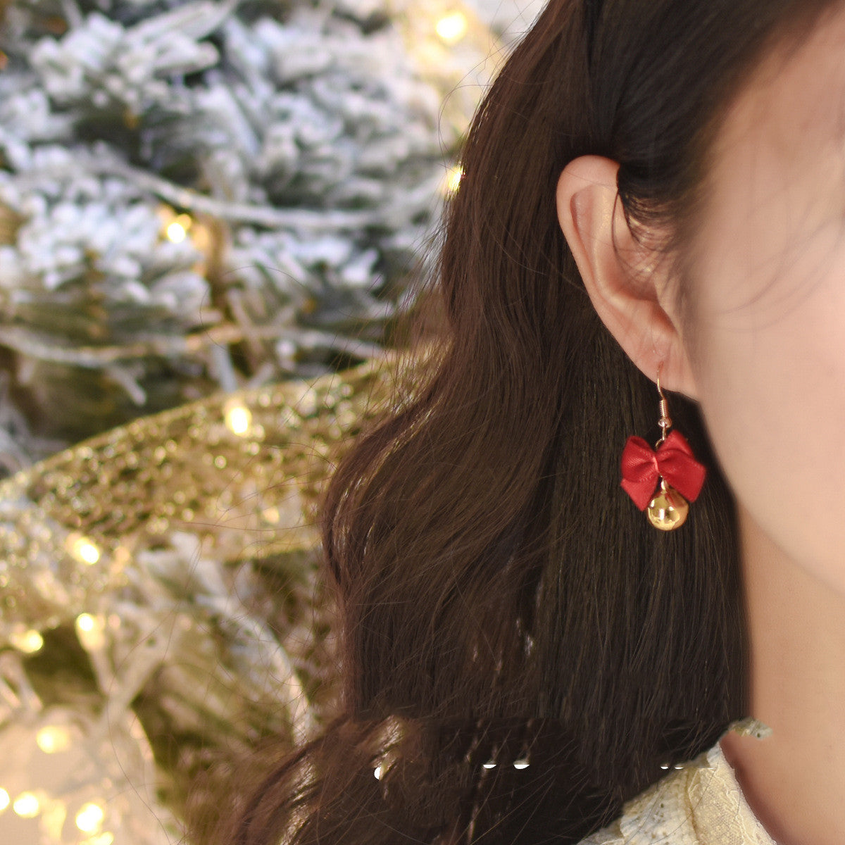New Year Red Bow Bells Earrings Ear Clips Christmas