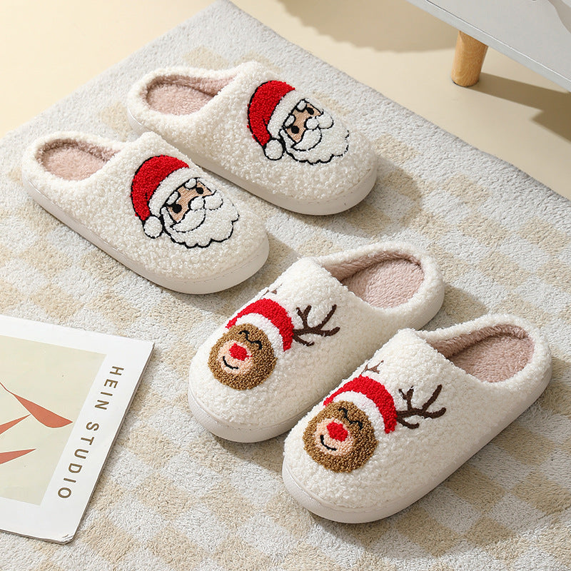 Suede Slippers Cute Cartoon Santa Claus Cotton Slippers For Women And Men Couples Winter Warm Furry Shoes