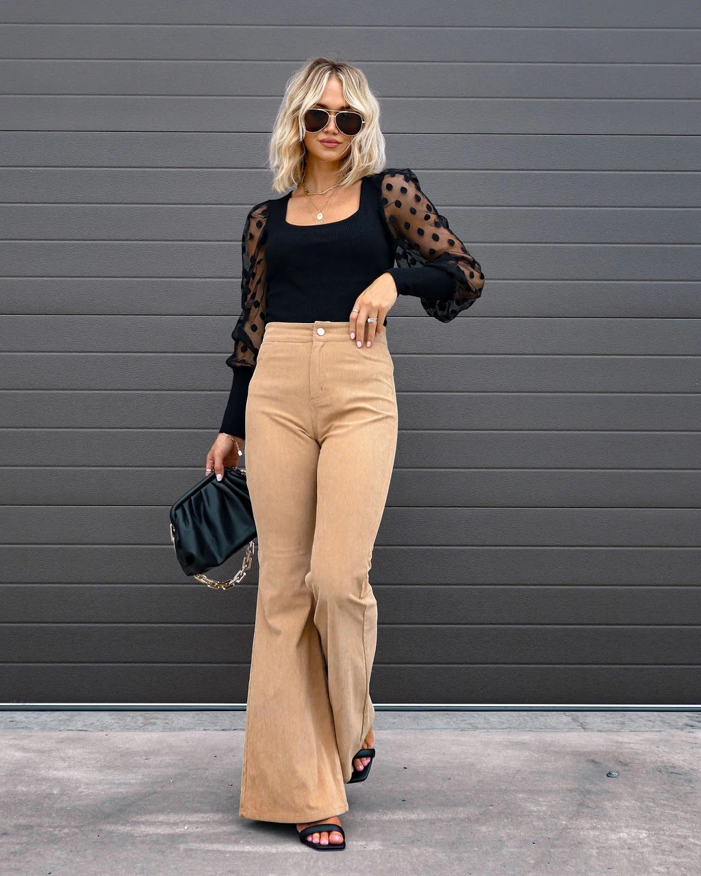 Solid Color Mid-waist Slim-fit Micro Flared Pants