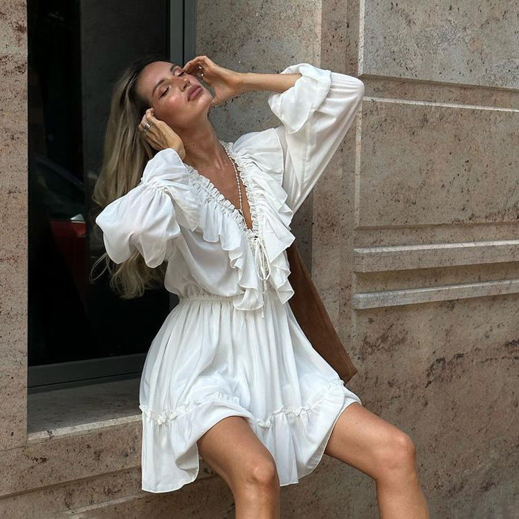 V Neck Flared Sleeve Short Dress