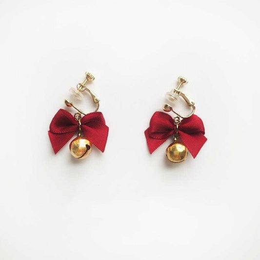 New Year Red Bow Bells Earrings Ear Clips Christmas