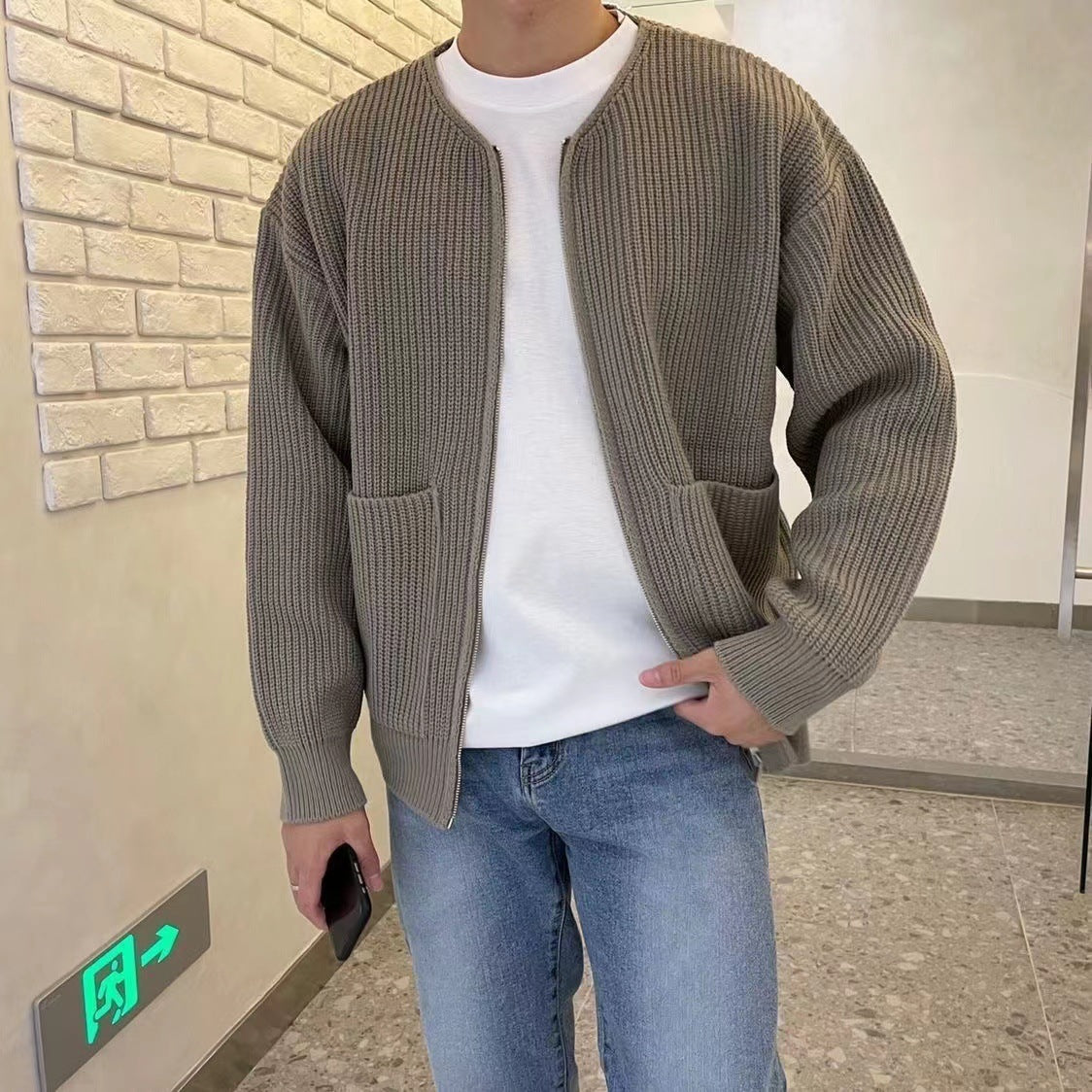 Men Zip Up Knitted Cardigan Lined